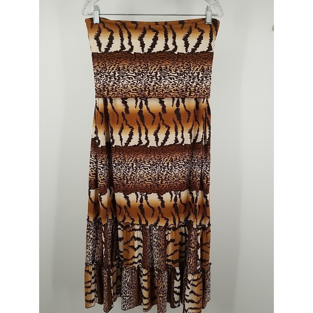 Curations‎ USA Womens Stretch Maxi Coverup Dress M Strapless Leopard Tiger Print